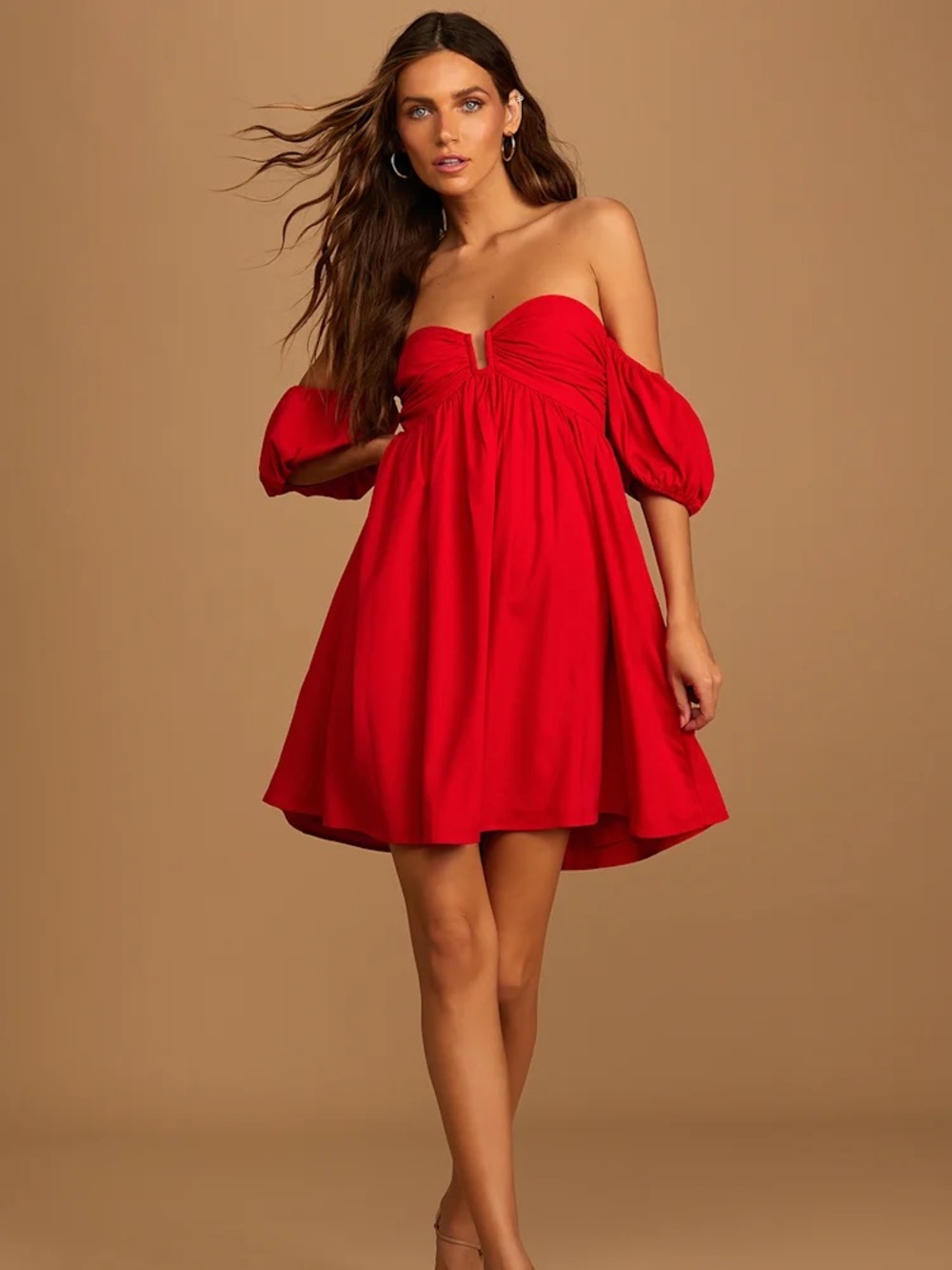 Lulu's Red Strapless Puff Sleeve Mini Dress